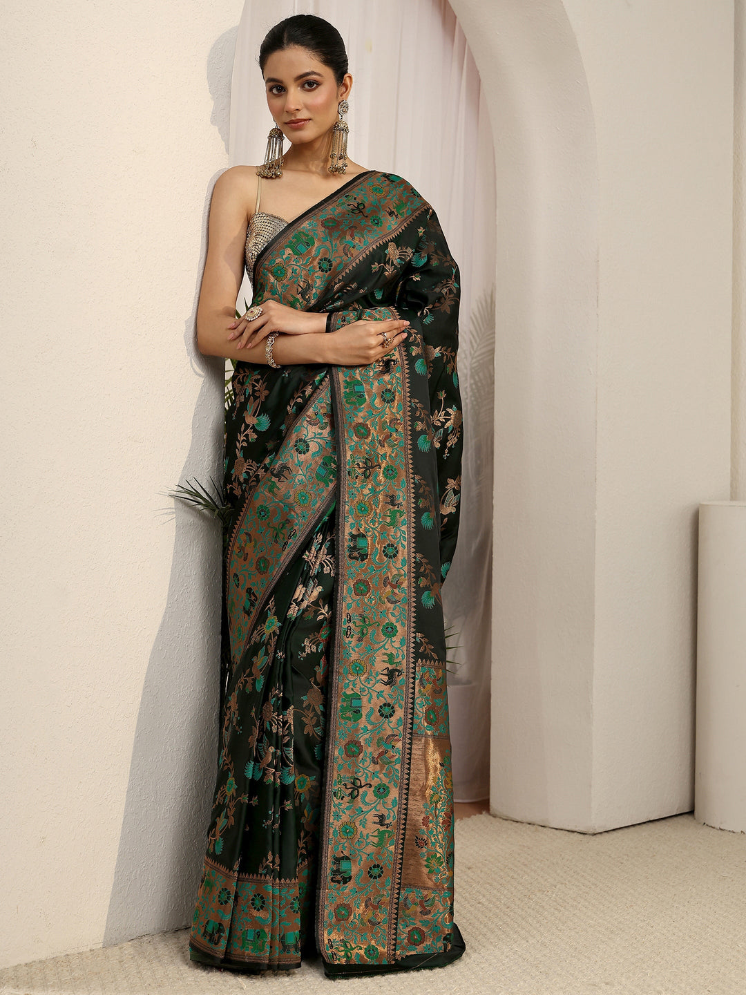  Libas Dark Green Floral Woven Design Satin Saree 