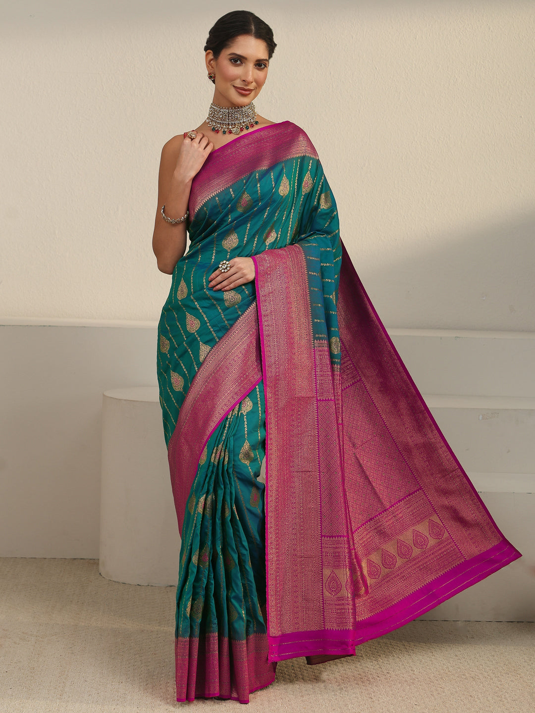  Libas Turquoise Blue and Pink Woven Design Silk Blend Saree 