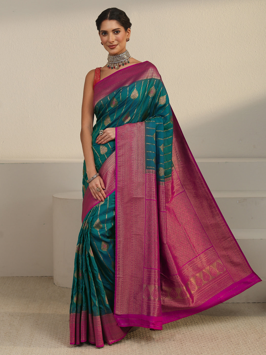 Libas Turquoise Blue and Pink Woven Design Silk Blend Saree 