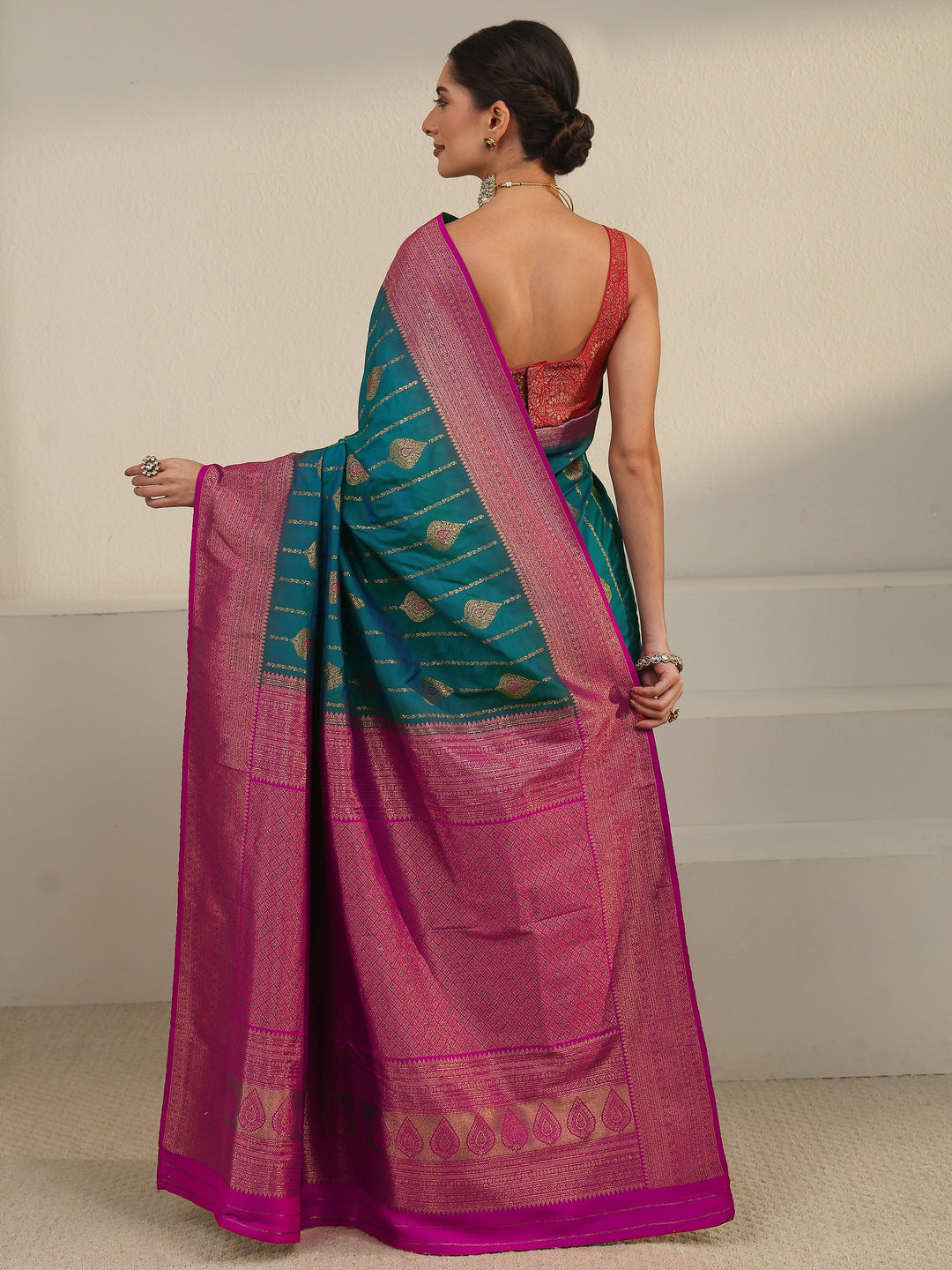  Libas Turquoise Blue and Pink Woven Design Silk Blend Saree 