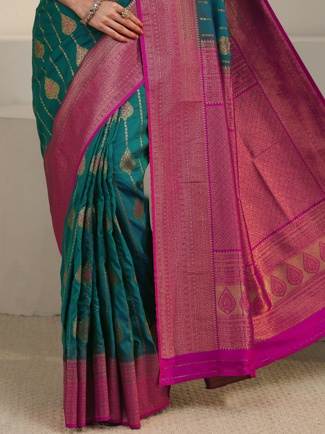  Libas Turquoise Blue and Pink Woven Design Silk Blend Saree 