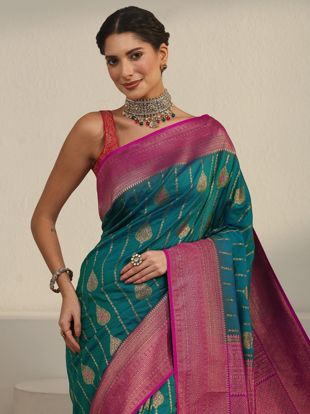  Libas Turquoise Blue and Pink Woven Design Silk Blend Saree 