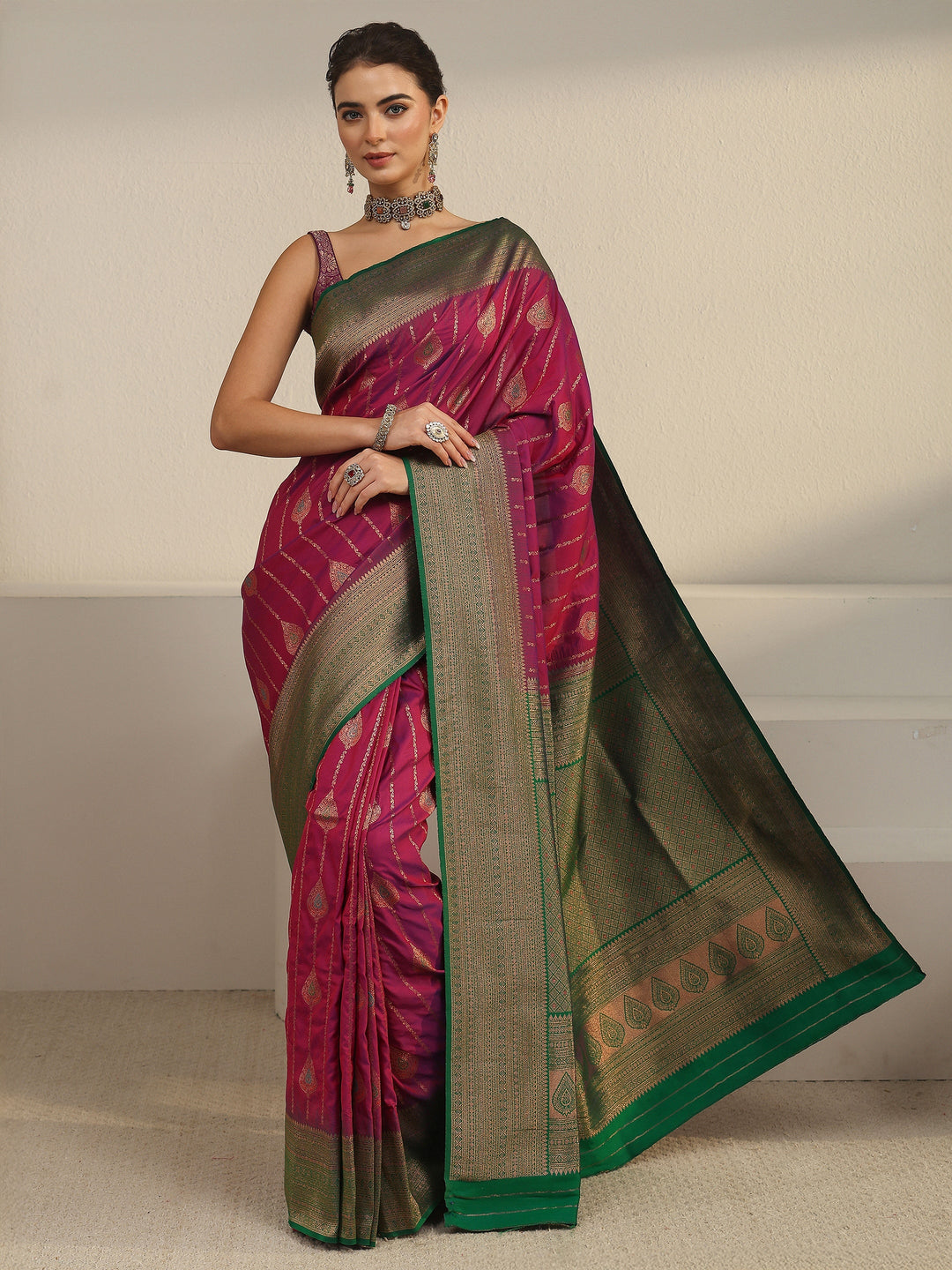  Libas Purple and Green Woven Design Silk Blend Saree 