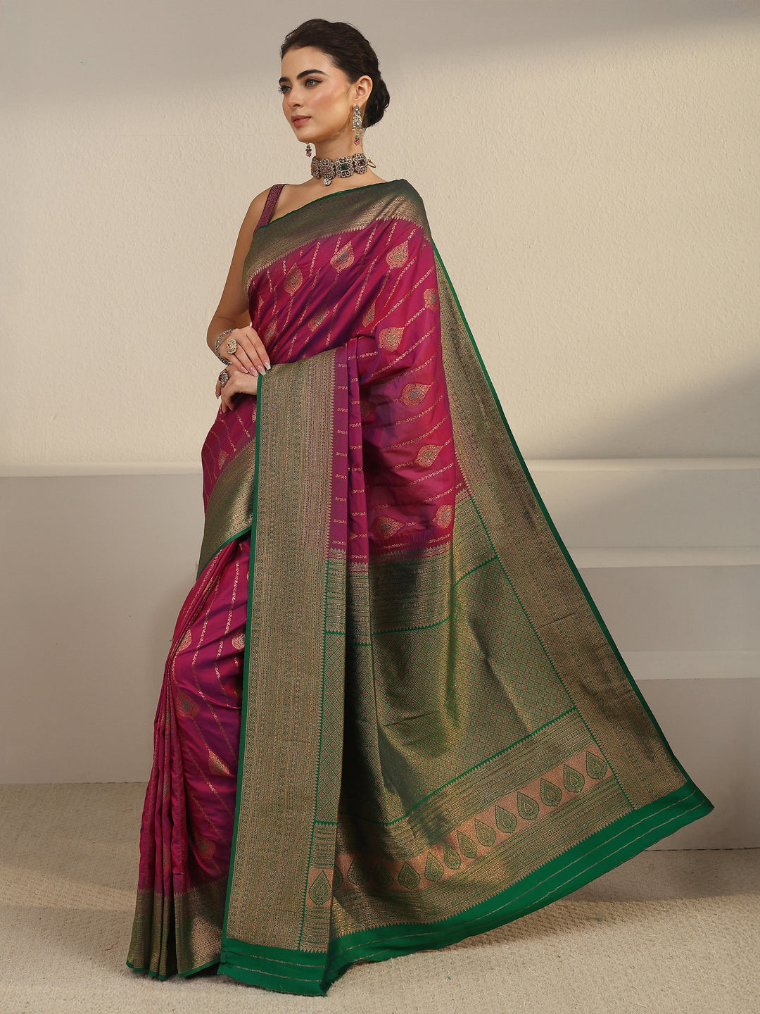  Libas Purple and Green Woven Design Silk Blend Saree 
