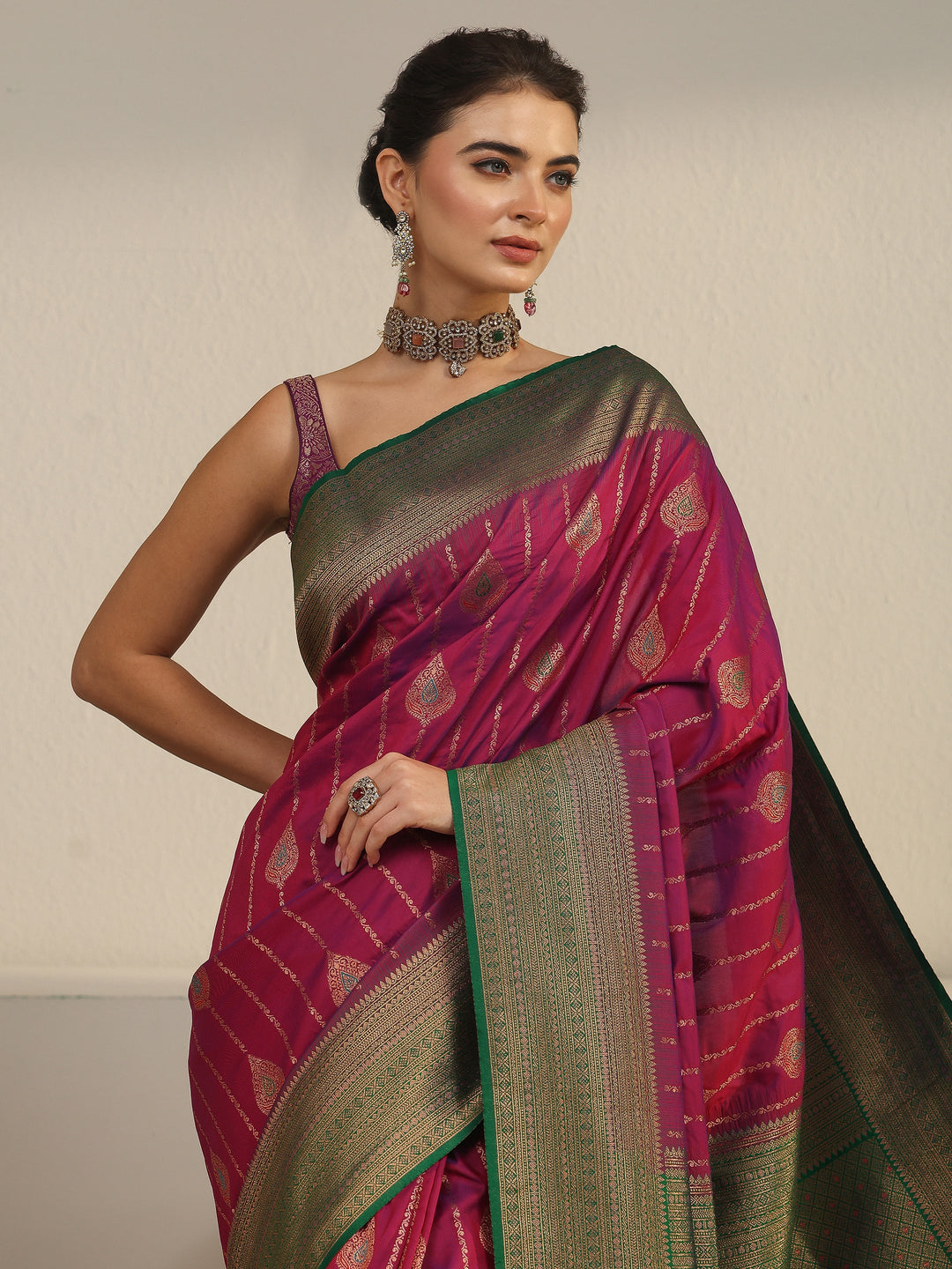  Libas Purple and Green Woven Design Silk Blend Saree 