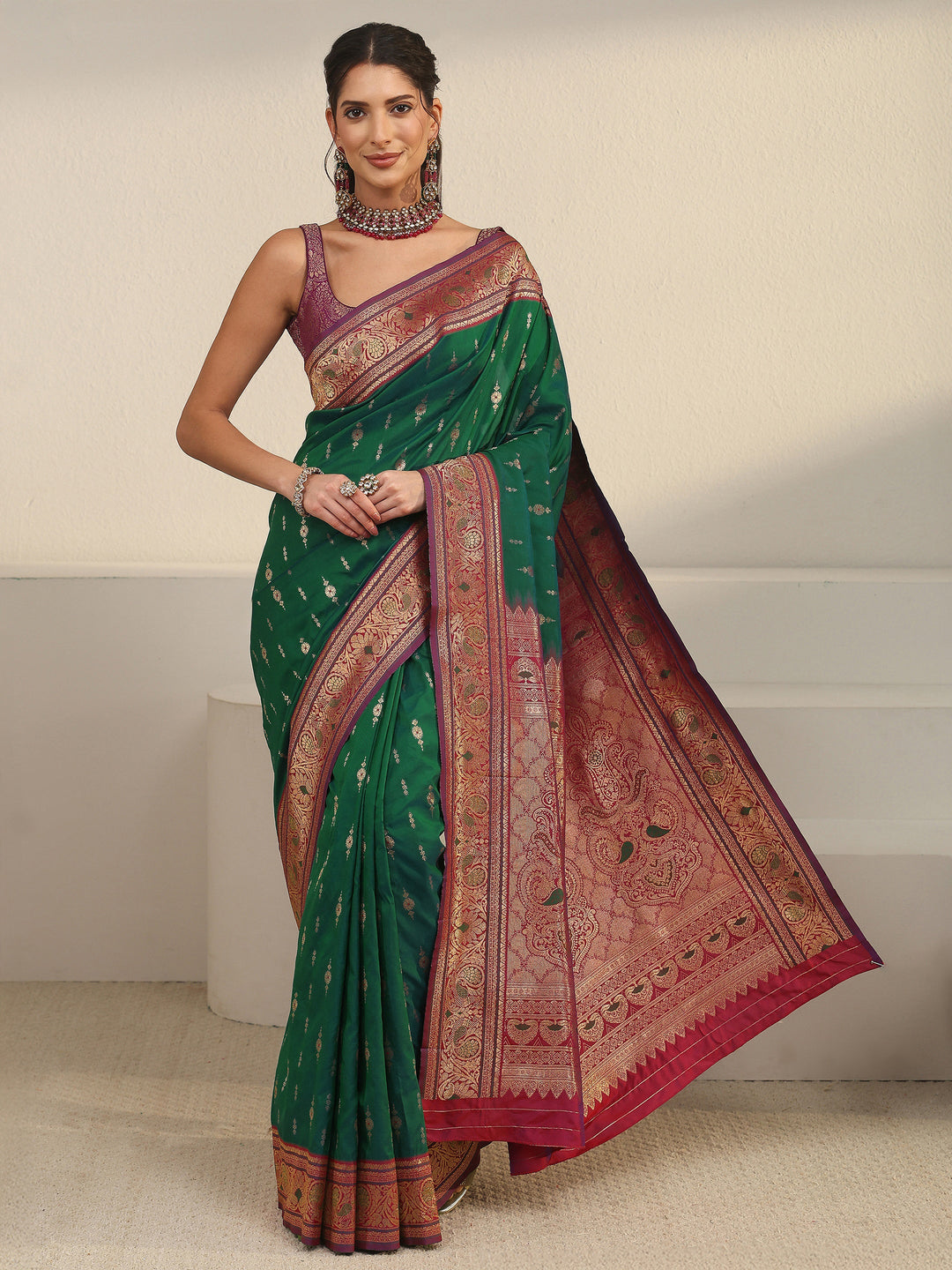  Libas Emerald Green Banarasi Silk Blend Saree 
