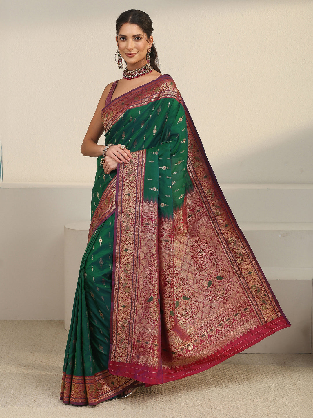  Libas Emerald Green Banarasi Silk Blend Saree 