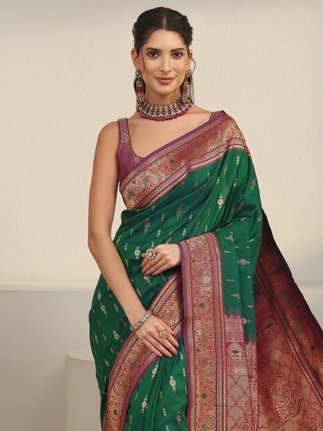  Libas Emerald Green Banarasi Silk Blend Saree 
