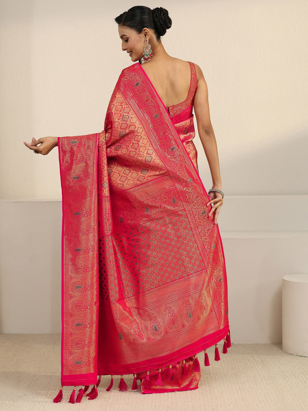  Libas Pink Floral Woven Design Silk Blend Saree with Paisley Border 