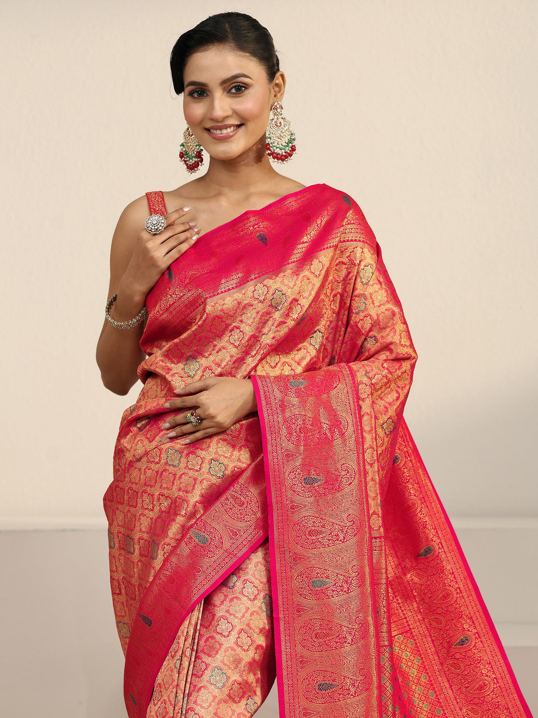  Libas Pink Floral Woven Design Silk Blend Saree with Paisley Border 
