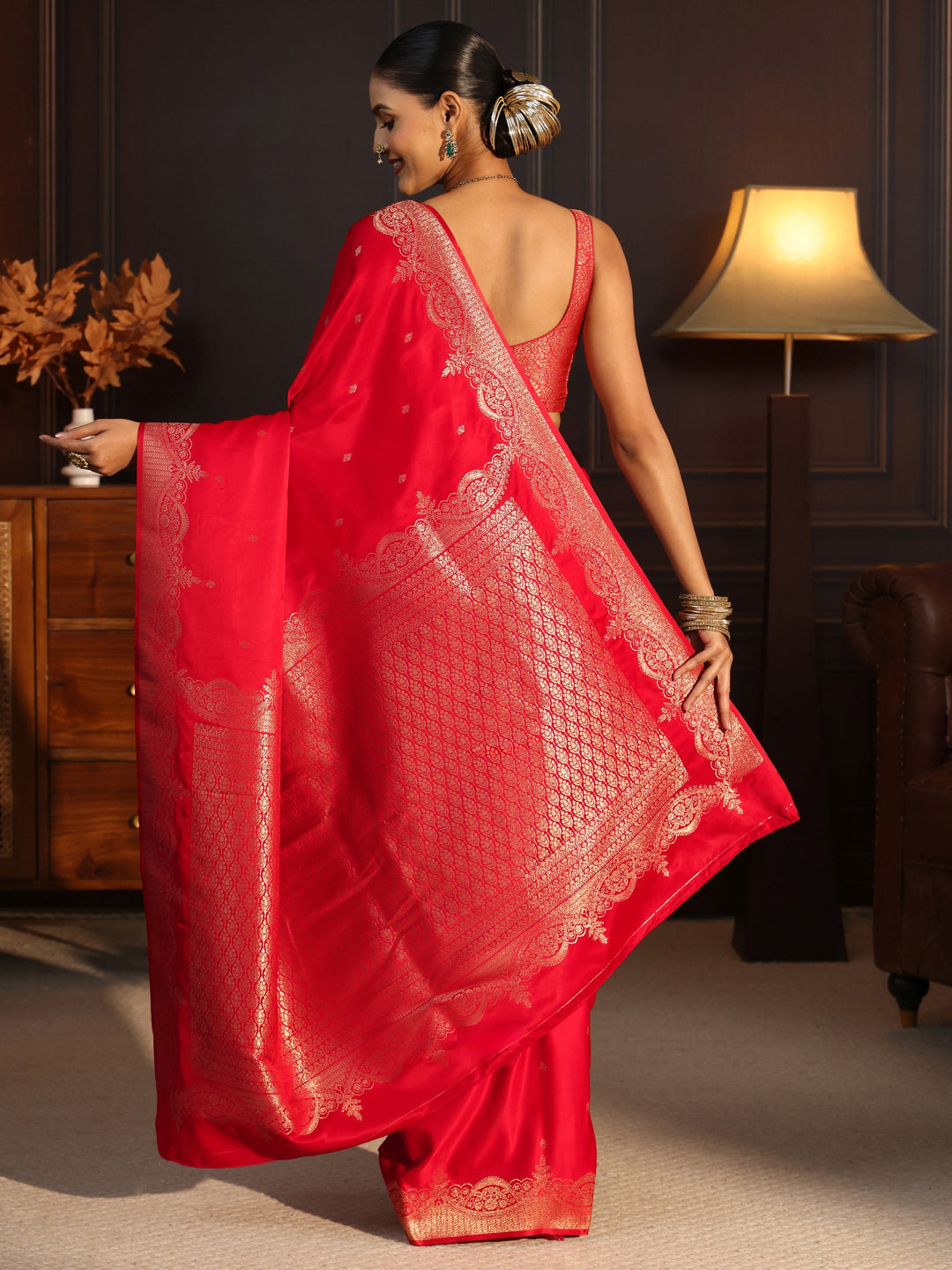  Libas Crimson Red Woven Design Satin Saree 