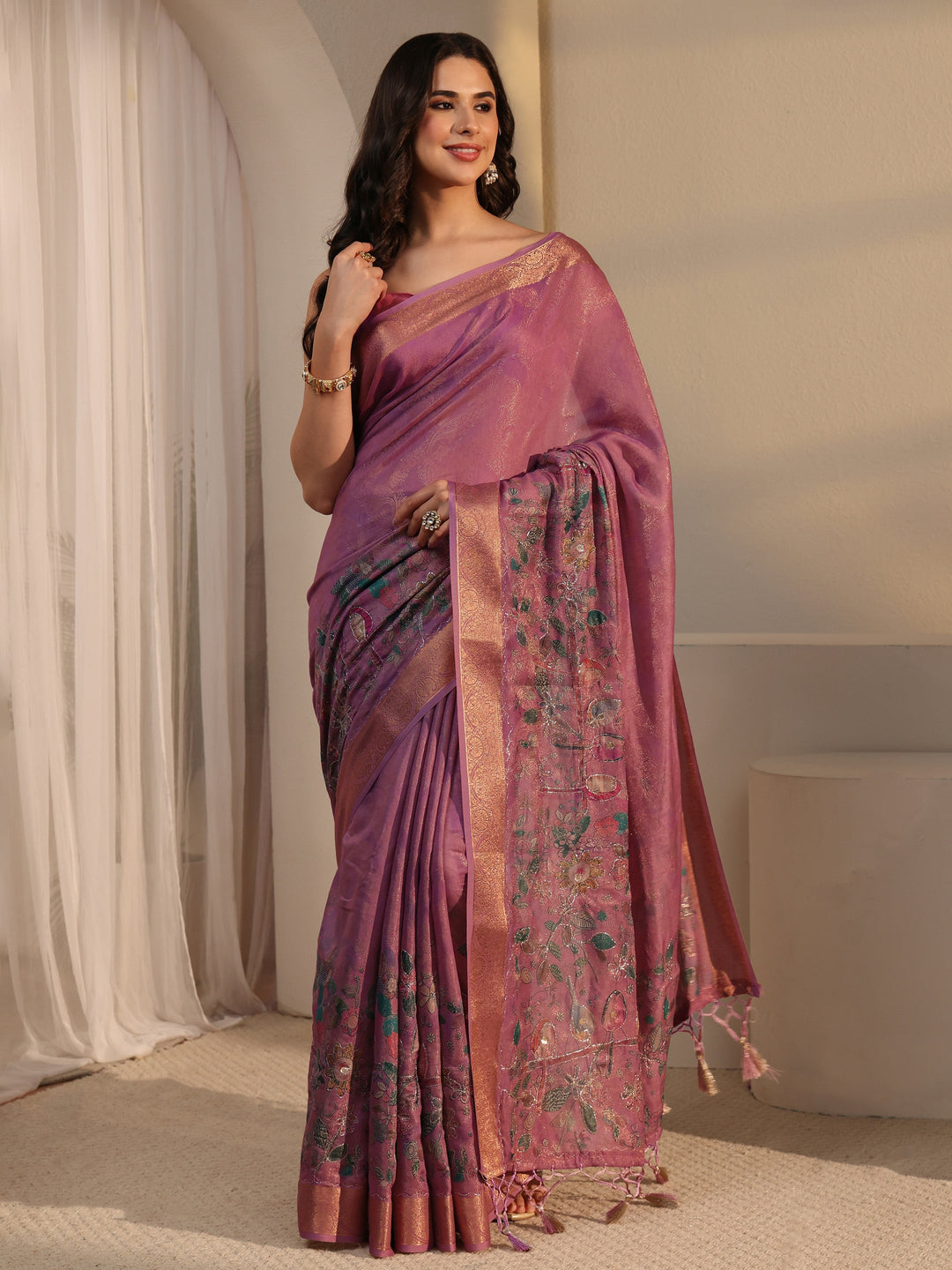  Libas Lavender Floral Printed Silk Blend Tassel Saree 