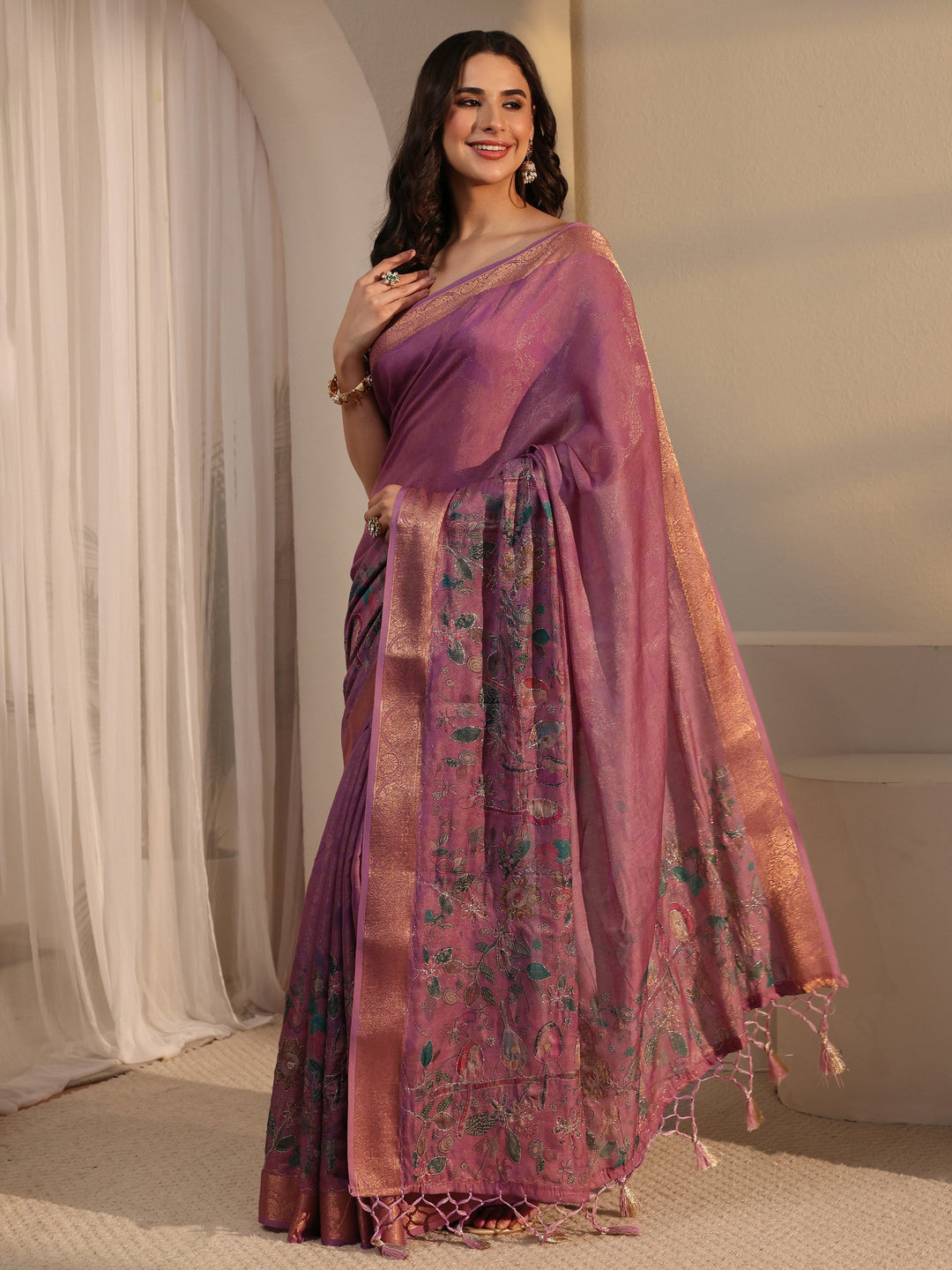  Libas Lavender Floral Printed Silk Blend Tassel Saree 