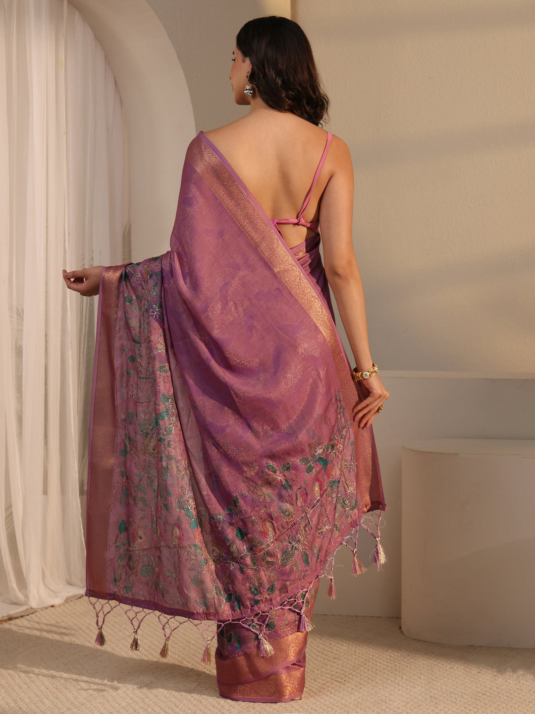  Libas Lavender Floral Printed Silk Blend Tassel Saree 