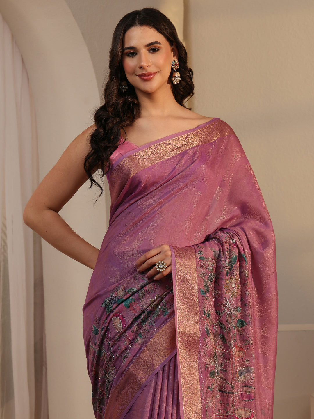 Libas Lavender Floral Printed Silk Blend Tassel Saree 