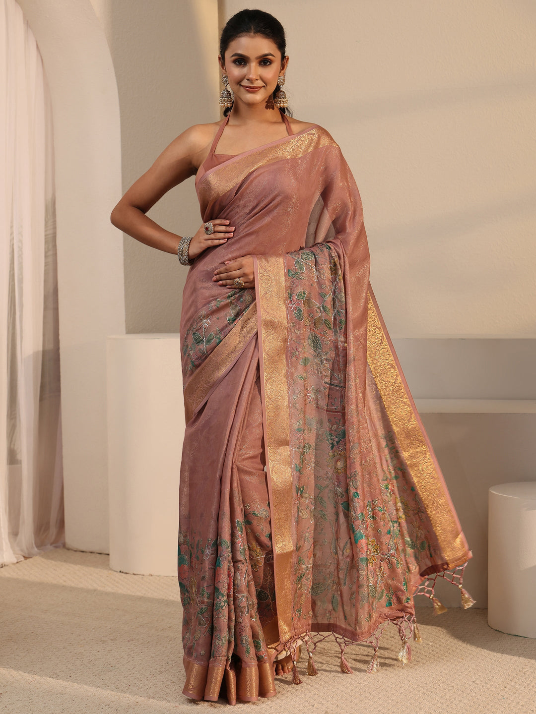  Libas Mauve Floral Printed Silk Blend Tassel Saree 