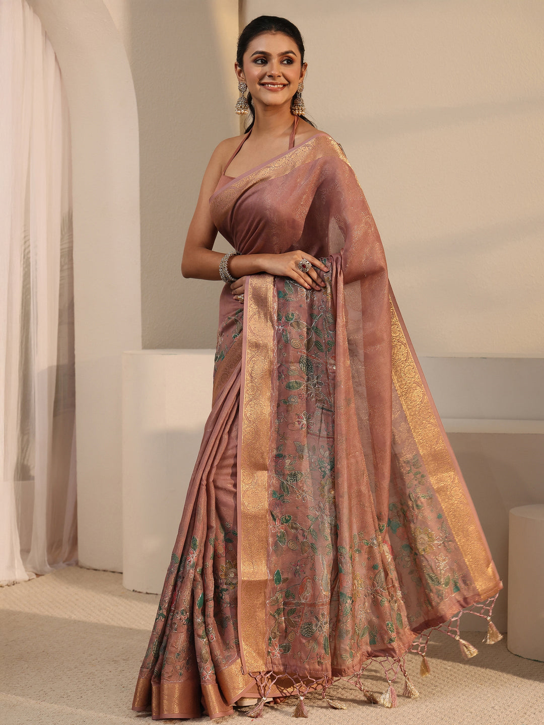  Libas Mauve Floral Printed Silk Blend Tassel Saree 
