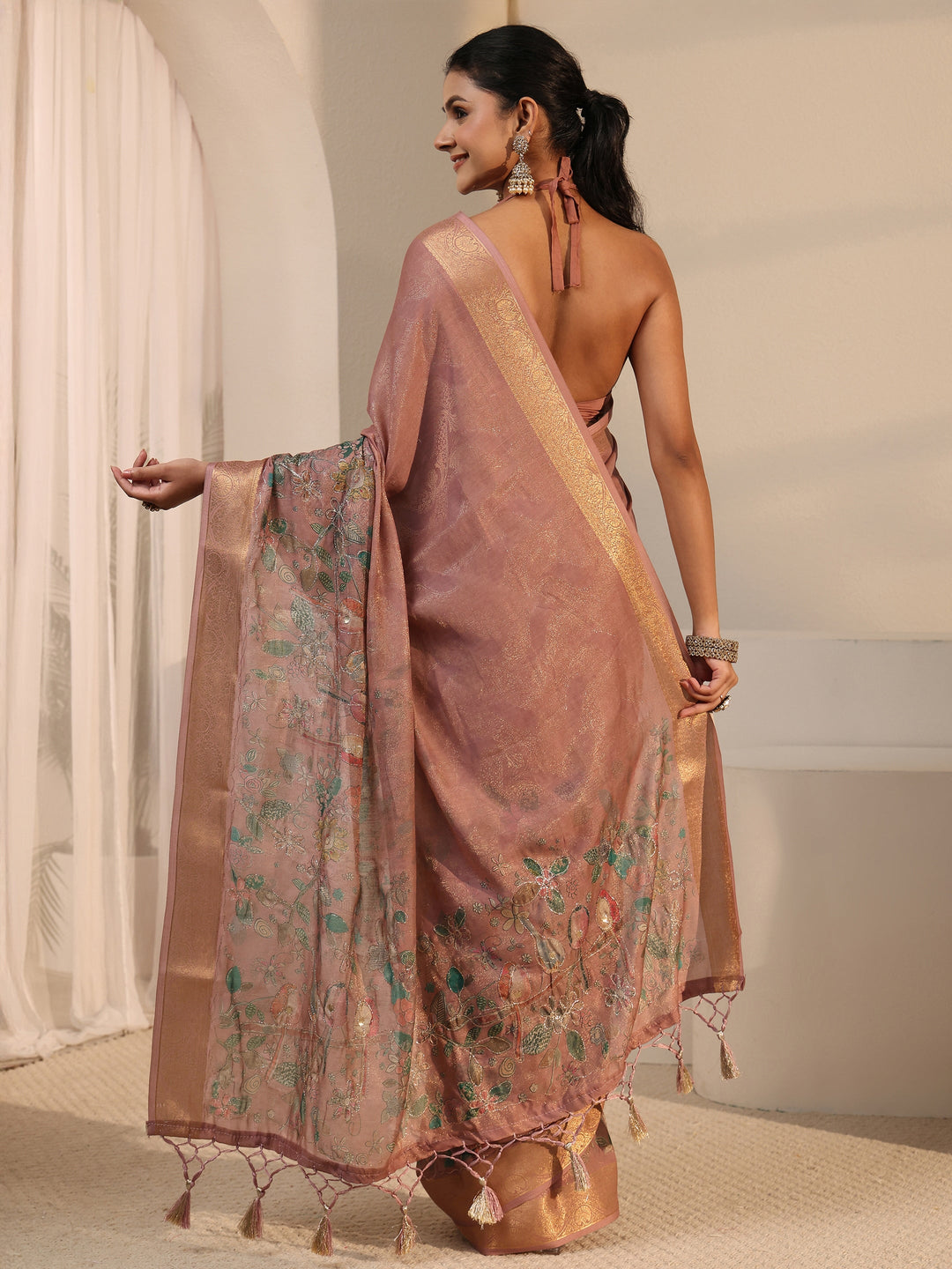  Libas Mauve Floral Printed Silk Blend Tassel Saree 