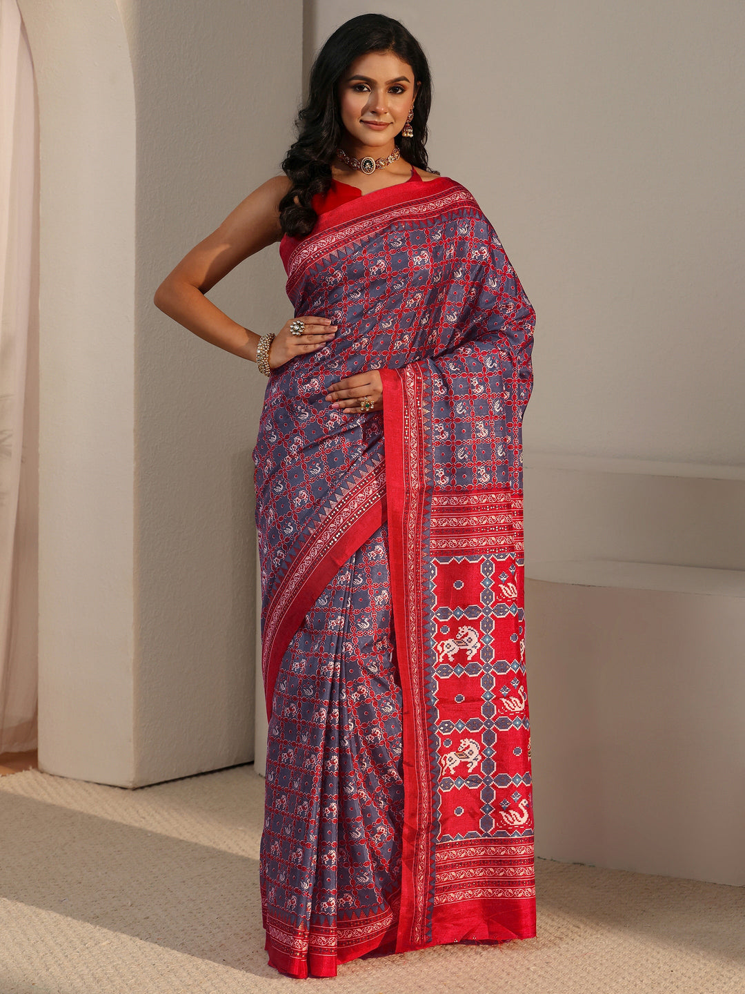  Libas Grey Printed Silk Blend Saree 