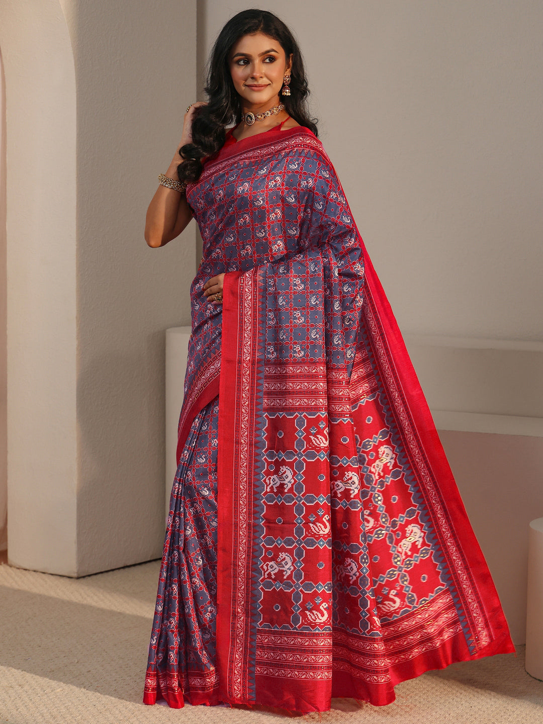  Libas Grey Printed Silk Blend Saree 