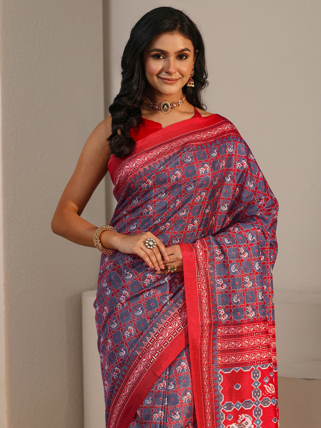  Libas Grey Printed Silk Blend Saree 