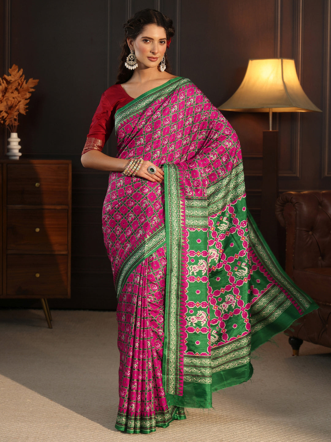  Libas Rose Pink Printed Silk Blend Saree with Patola Pallu 