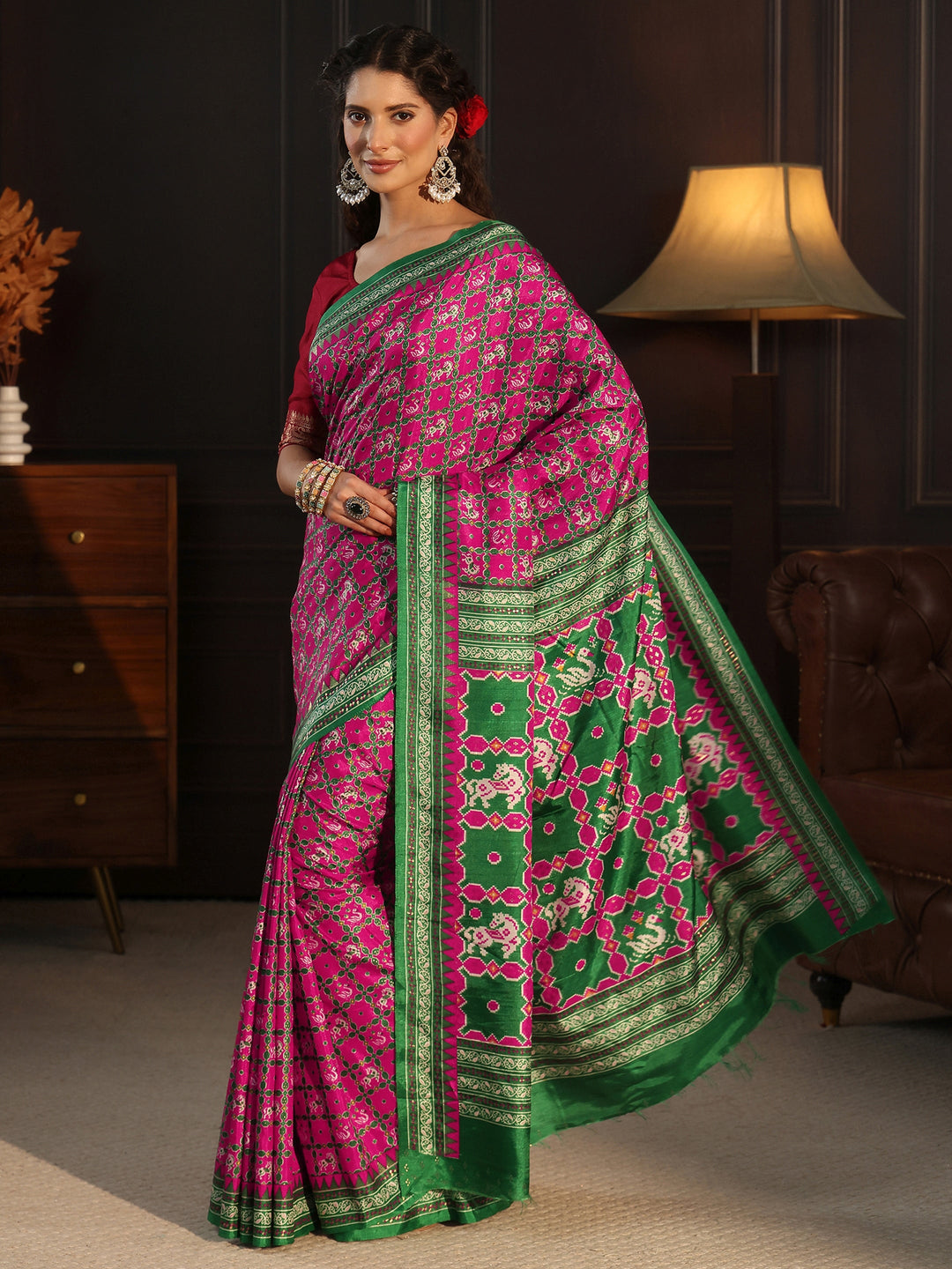  Libas Rose Pink Printed Silk Blend Saree with Patola Pallu 