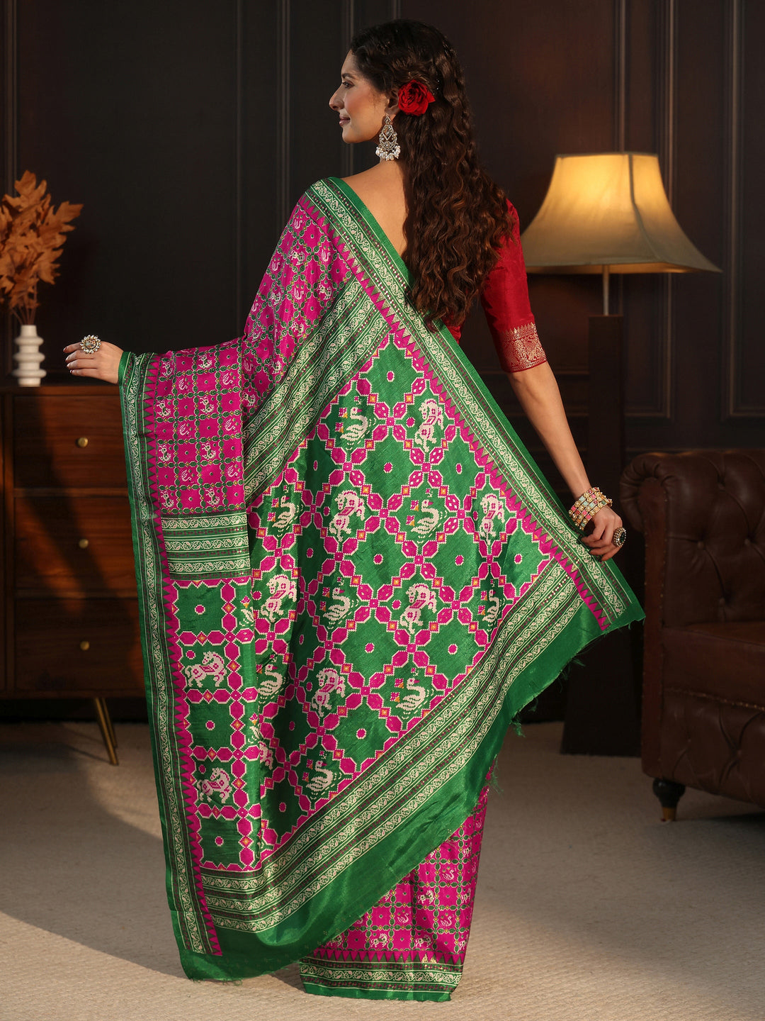  Libas Rose Pink Printed Silk Blend Saree with Patola Pallu 