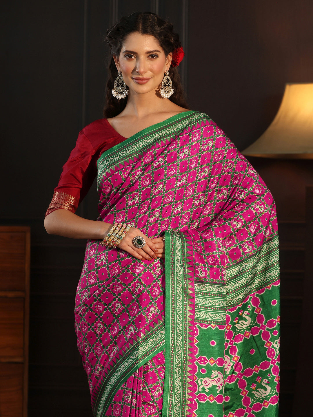  Libas Rose Pink Printed Silk Blend Saree with Patola Pallu 