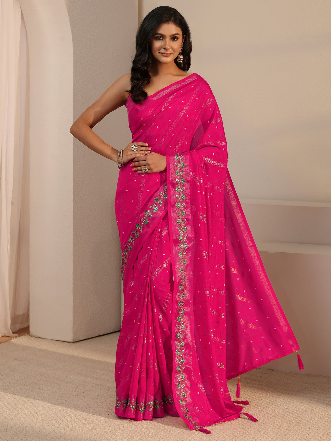  Libas Fuchsia Pink Foil Printed Silk Blend Tassel Saree 