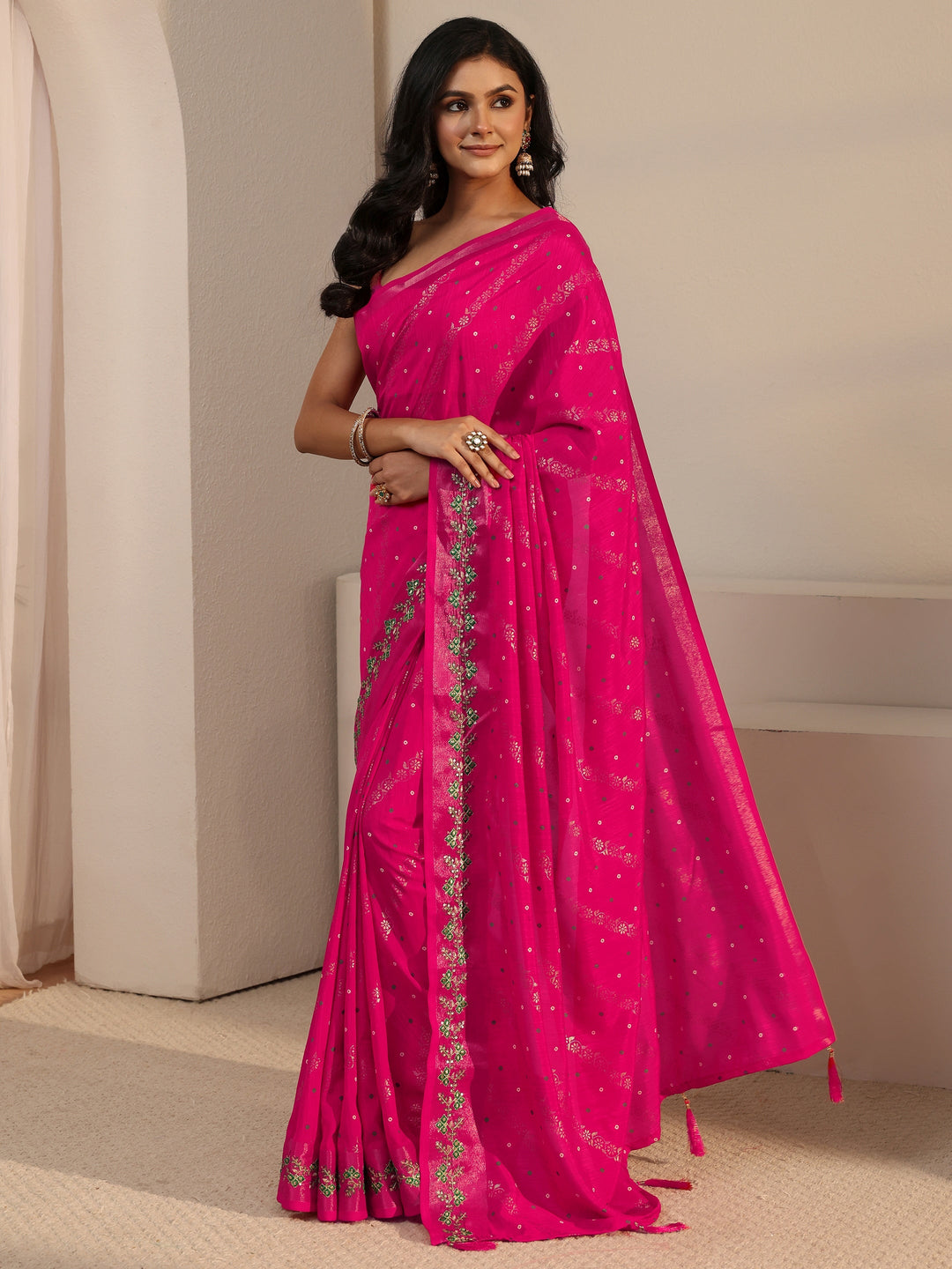  Libas Fuchsia Pink Foil Printed Silk Blend Tassel Saree 