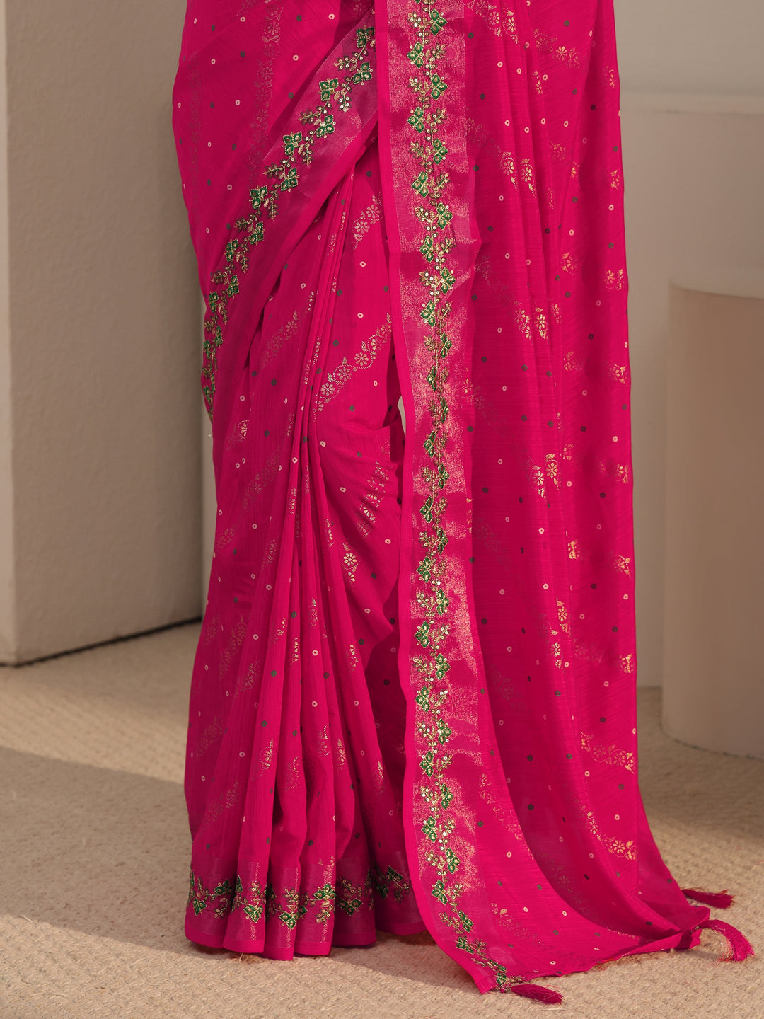  Libas Fuchsia Pink Foil Printed Silk Blend Tassel Saree 