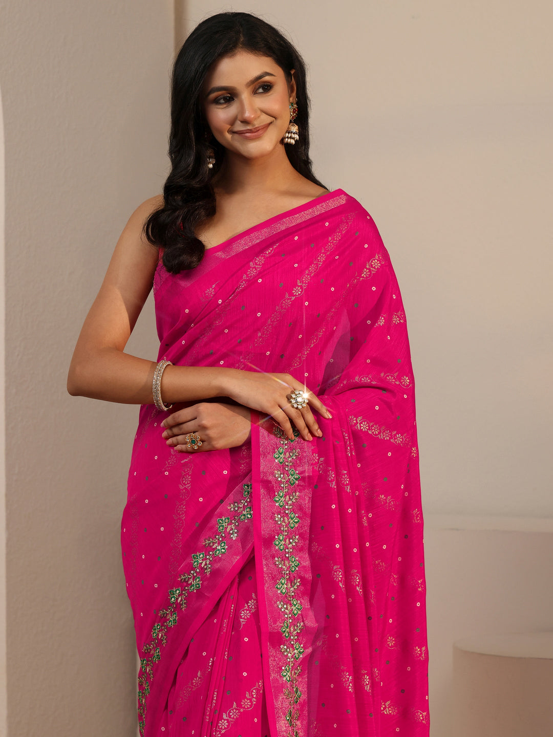  Libas Fuchsia Pink Foil Printed Silk Blend Tassel Saree 