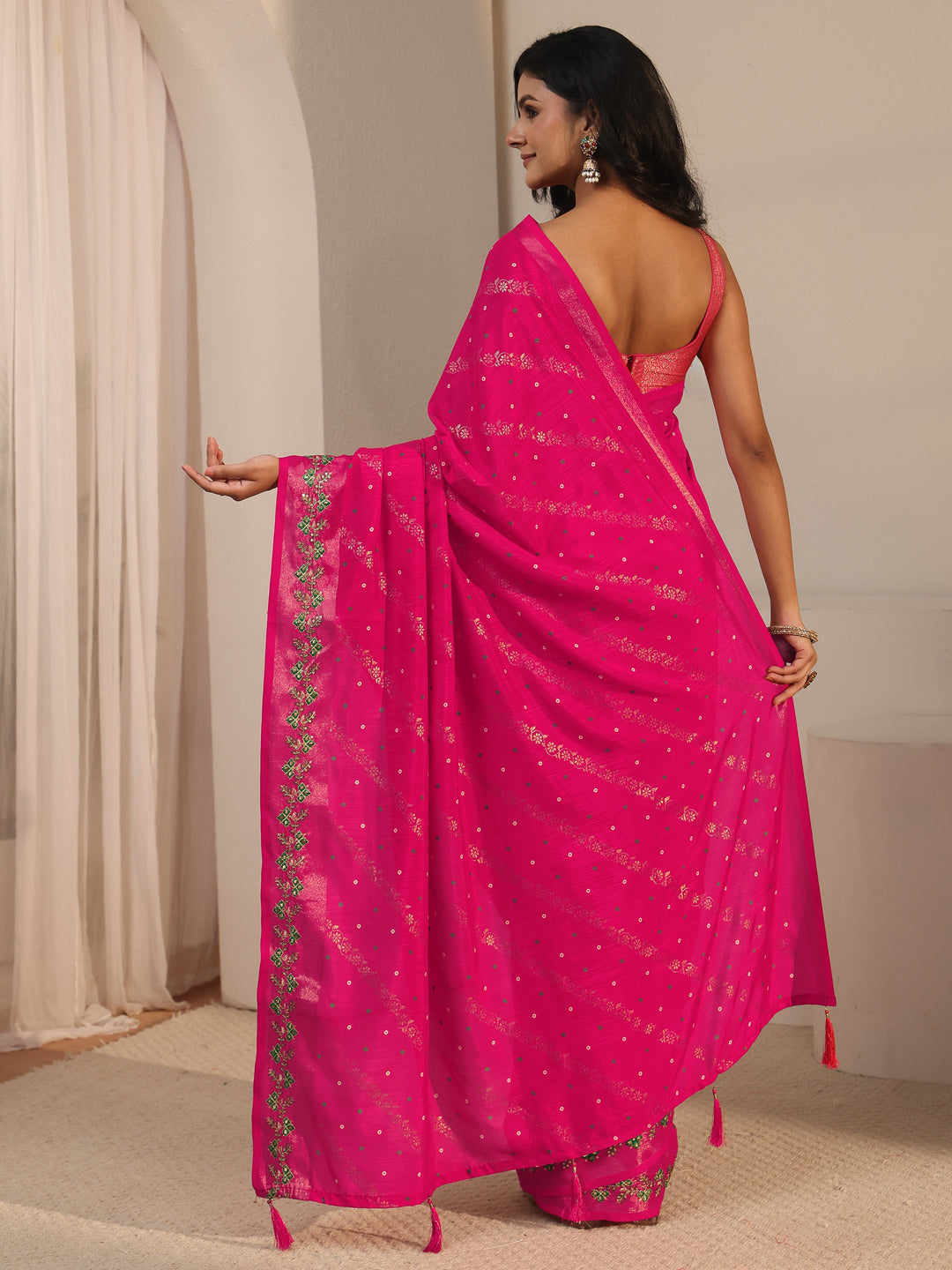  Libas Fuchsia Pink Foil Printed Silk Blend Tassel Saree 