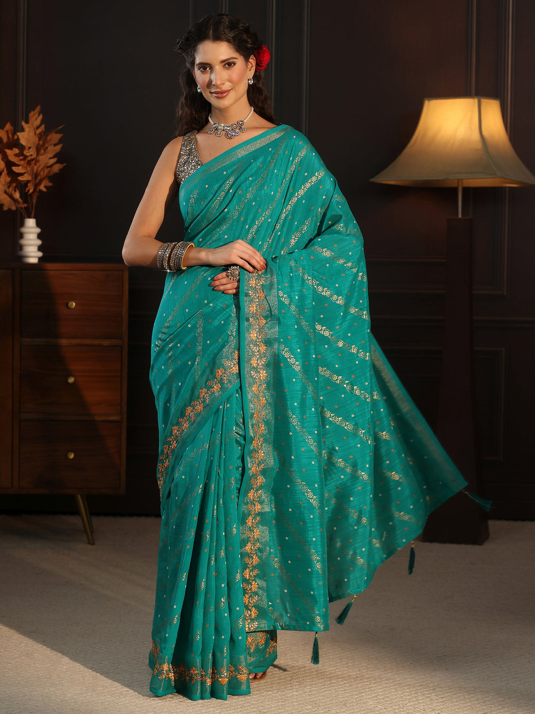  Libas Aqua Blue Foil Printed Silk Blend Saree 
