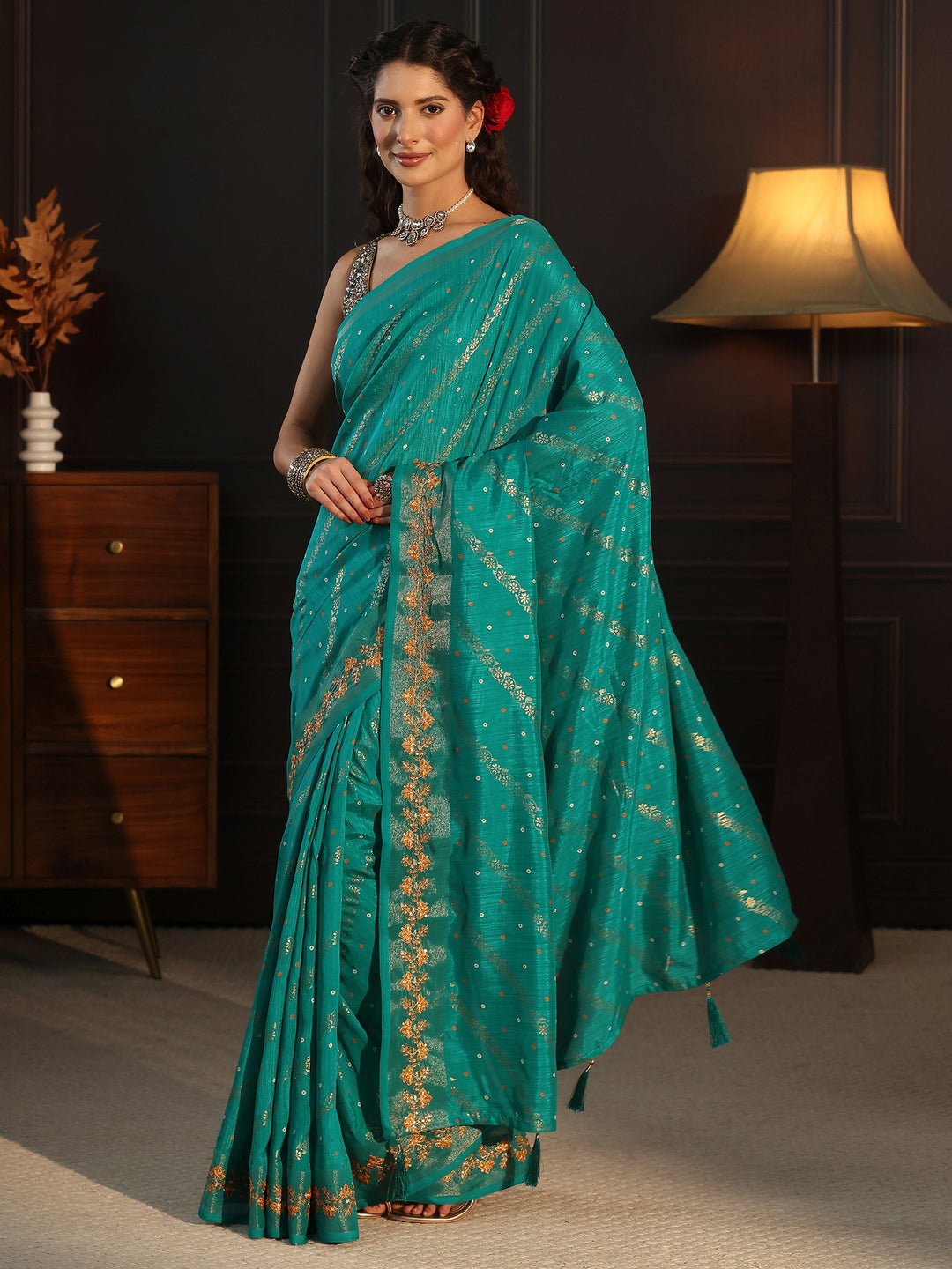  Libas Aqua Blue Foil Printed Silk Blend Saree 