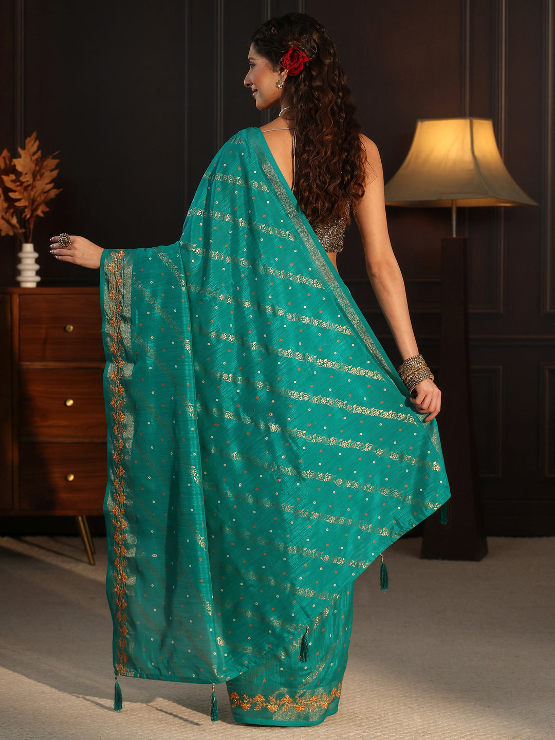  Libas Aqua Blue Foil Printed Silk Blend Saree 