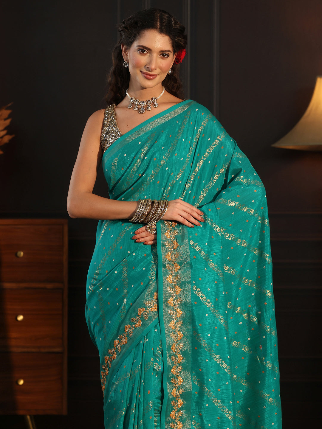  Libas Aqua Blue Foil Printed Silk Blend Saree 
