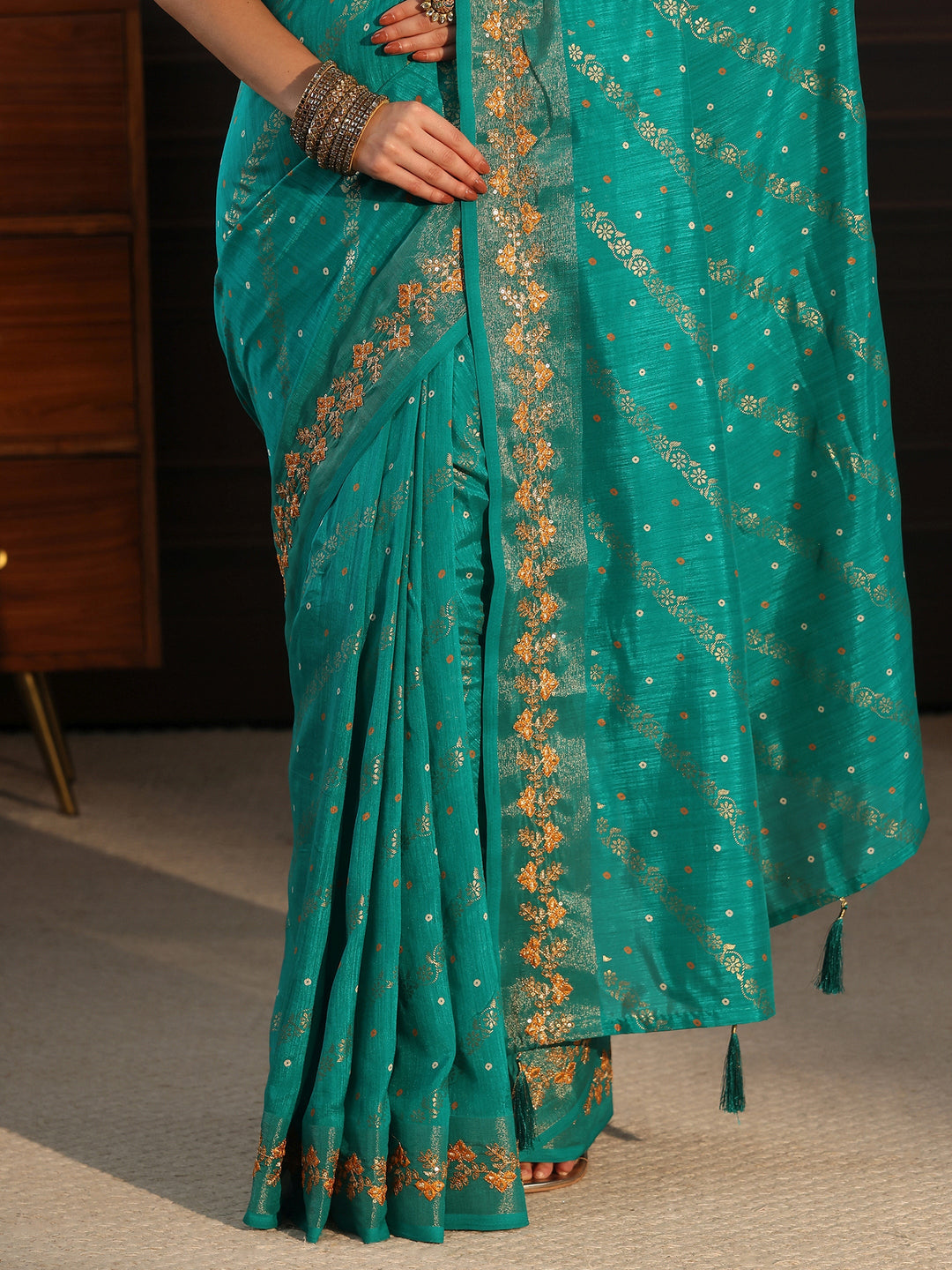  Libas Aqua Blue Foil Printed Silk Blend Saree 