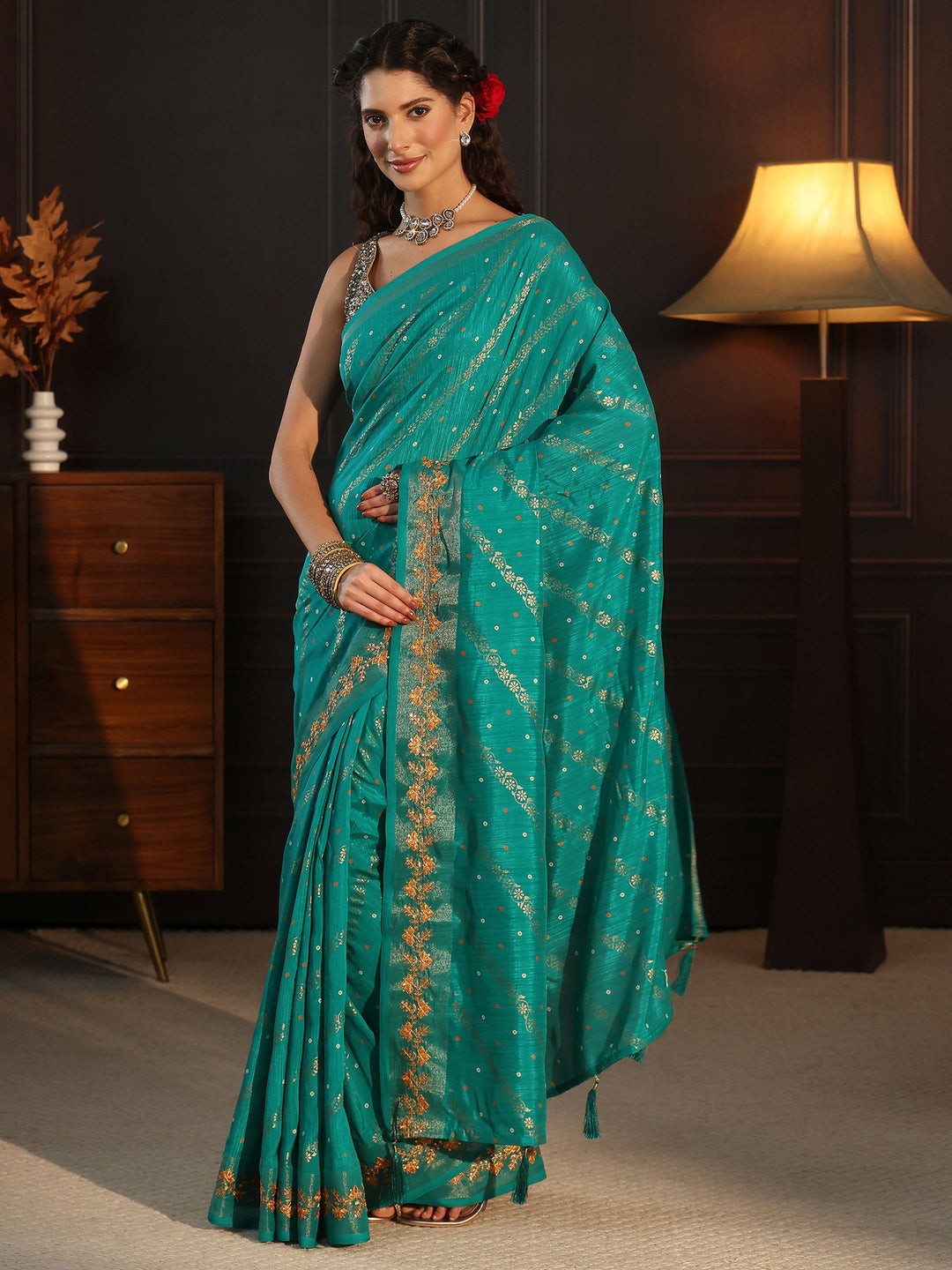  Libas Aqua Blue Foil Printed Silk Blend Saree 