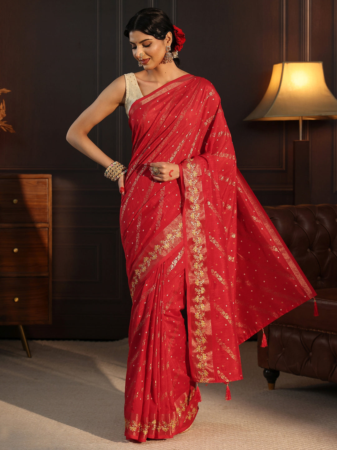  Libas Red Foil Printed Silk Blend Saree 