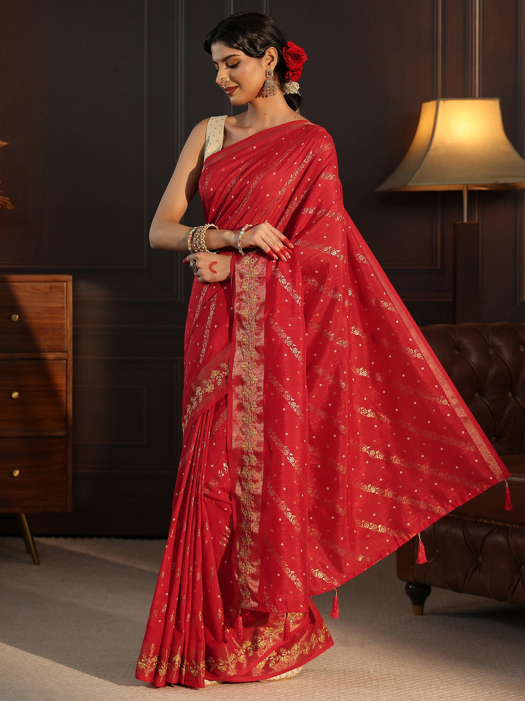  Libas Red Foil Printed Silk Blend Saree 