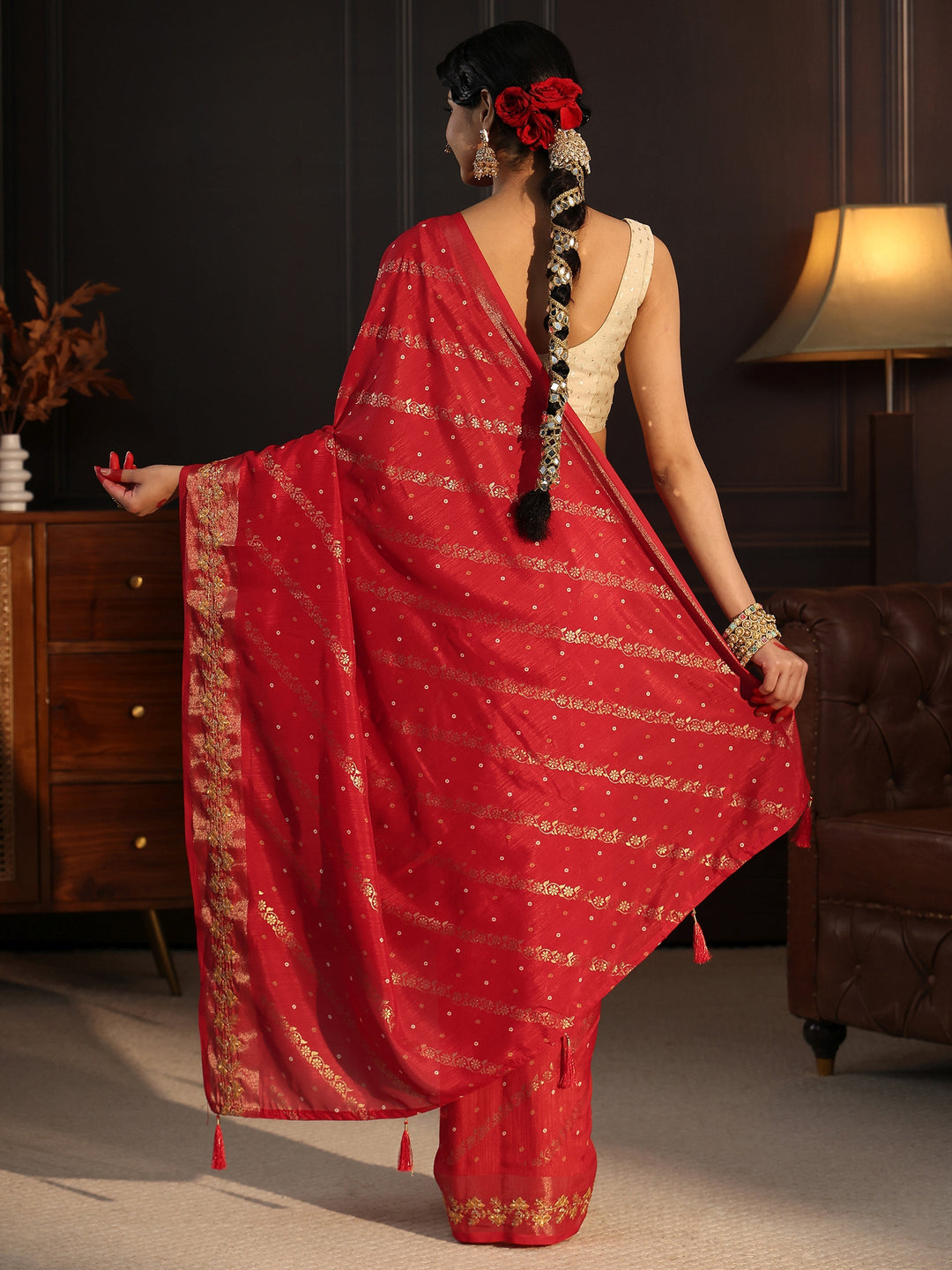  Libas Red Foil Printed Silk Blend Saree 