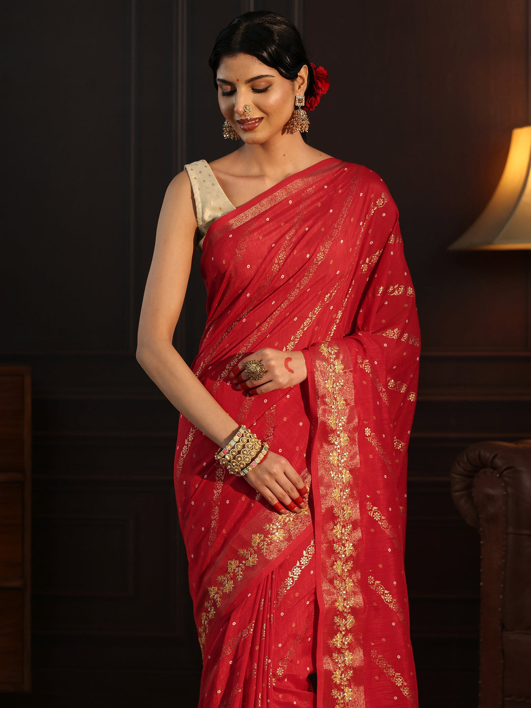  Libas Red Foil Printed Silk Blend Saree 