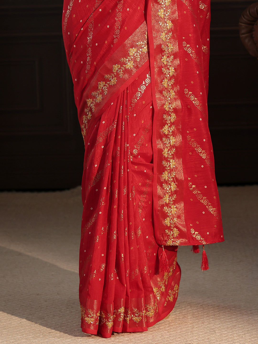  Libas Red Foil Printed Silk Blend Saree 