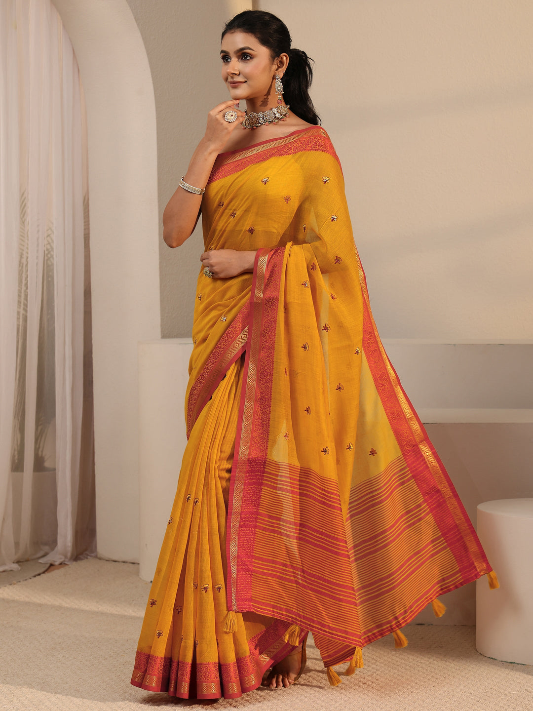  Libas Mustard Floral Embroidered Cotton Blend Tassel Saree 