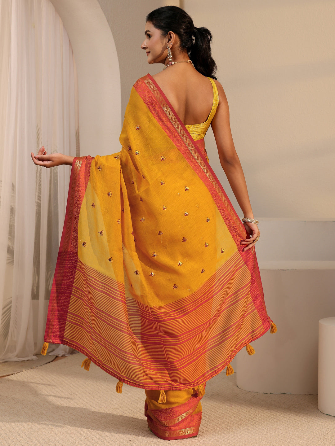  Libas Mustard Floral Embroidered Cotton Blend Tassel Saree 