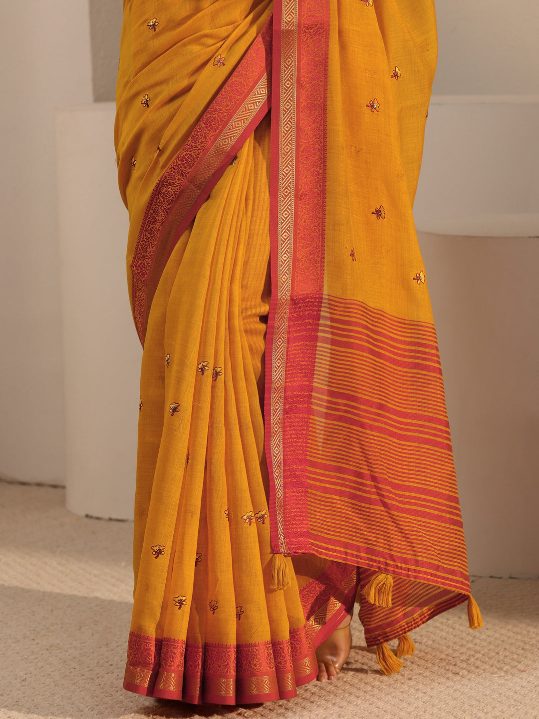  Libas Mustard Floral Embroidered Cotton Blend Tassel Saree 