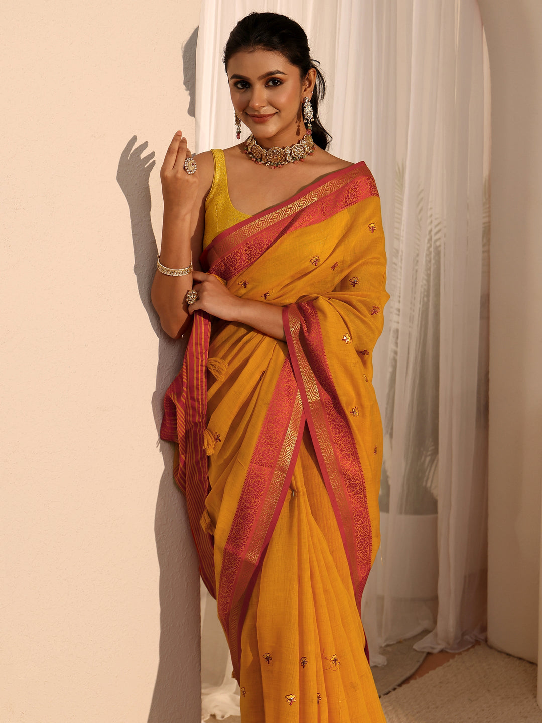  Libas Mustard Floral Embroidered Cotton Blend Tassel Saree 