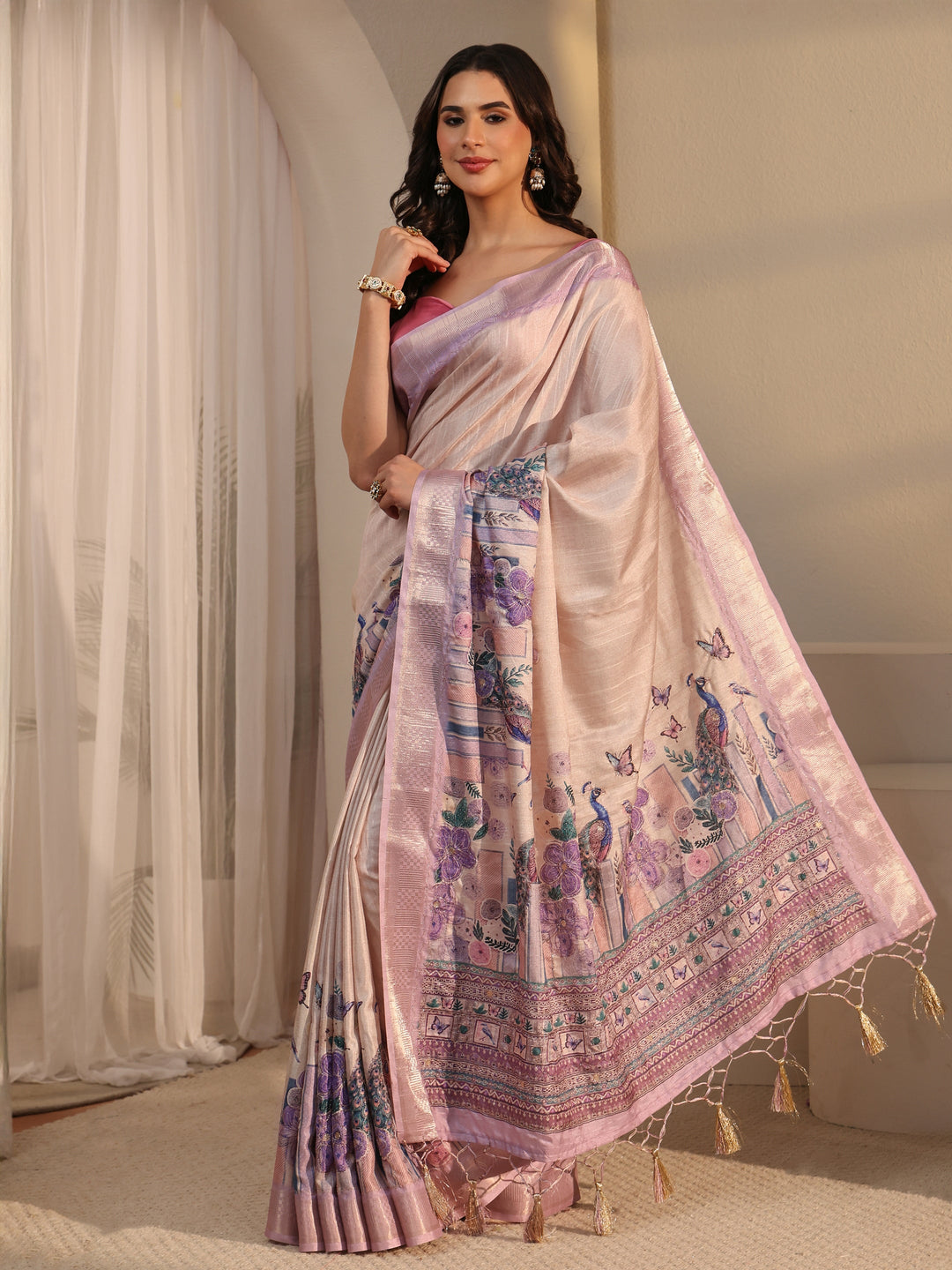  Libas Beige Peacock Silk Blend Tassel Saree with Woven Border 